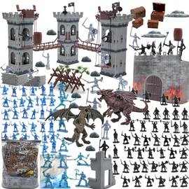 Plustopoy Medieval Castle Knight Toy Soldier Figures Army Men Toys, The Medieval Times Middle Ages DIY Castle Building Toy Piracy Knight Action Figurines with Storage Bag,2 Dragons, 2 Bridges, 1 Map