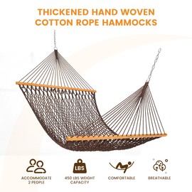 Lazy Daze Hammocks Double Rope Hammock, 2 Person Traditional Outdoor Hand Woven Cotton Rope Hammock with Spreader Bar, Chains, Tree Straps for Patio Yard - Max 450 Lbs, Dark Brown