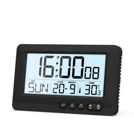 ORIA Travel Alarm Clock, Digital Alarm Clock with LCD Display, Battery Powered Desk Clock with Backlight, Date Week Temperature Display, Snooze, 12/24H, for Bedroom, Office, Travel, Black
