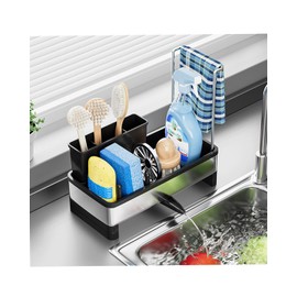 LayaVilla Dish Sponge Holder - Stainless Steel & PP Sink Caddy, 360° Rotatable Self-draining, Space-Saving Kitchen Sink Organizer with Removable Dish Cloth Rack (Black)