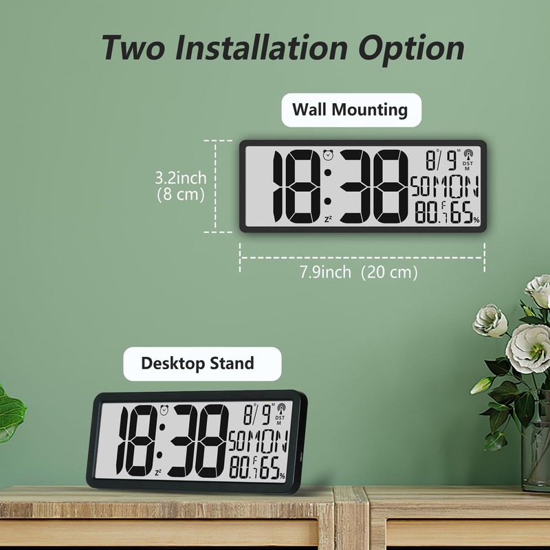 Digital LCD Atomic Desktop Clock, 7.8" Screen with Time, Date,