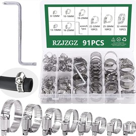 RZJZGZ 91Pcs Hose Clips Adjustable, Stainless Steel 8-44mm Range Hose Clamps Assorted Kit, Worm Drive Pipes Clips Hose Clamps Assortment with Screwdriver and Storage Case 8 Sizes Tube Clamps