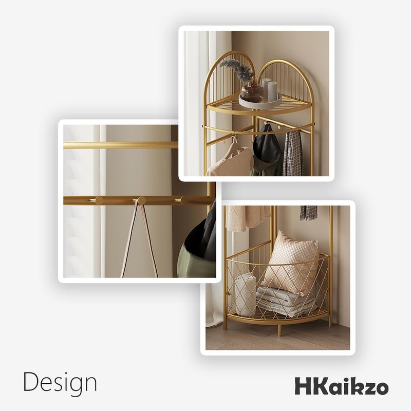 HKaikzo Corner Coat Rack, Gold Clothes Rack with 6 Metal
