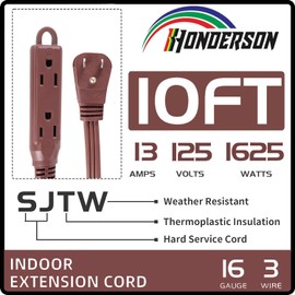 HONDERSON 3-Outlets Flat Plug Extension Cord Outlet Extender, UL Certified, Indoor Extension Cord 16 Gauge 10FT Brown 3 Prong, 16/3 SPT-3 13A Power Strip