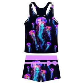 ACOCOPY Girls Tankini Sets Bathing Suits Jellyfish Two Piece Swimsuits Summer Quick Dry Swimwear with Boyshorts Size 8-9