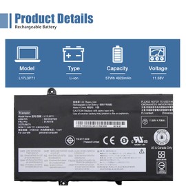 VANPIR L17L3P71 01AV478 Laptop Battery, 11.58V 57Wh 4920mAh 3-Cell Compatible with Lenovo ThinkPad T480s Series Notebook 01AV479 L17M3P71 L17S3P71 SB10K97621
