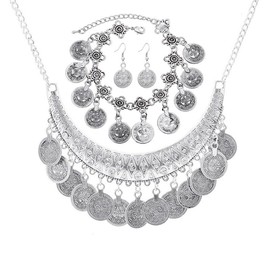 QRH Bohemian Coin Necklace Bracelet Earrings Set Gold Silver Coin Pendant Gypsy Costume Jewelry for Women- Silver