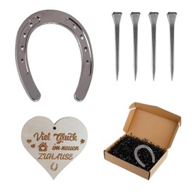 Hufeisen Glücksbringer Geschenk Set – Richtfest Geschenk mit Hufeisen, 4 Nägel & Herzschild Viel Glück im Neuen Zuhause Perfektes Einweihungsgeschenk fürs Neue Zuhause