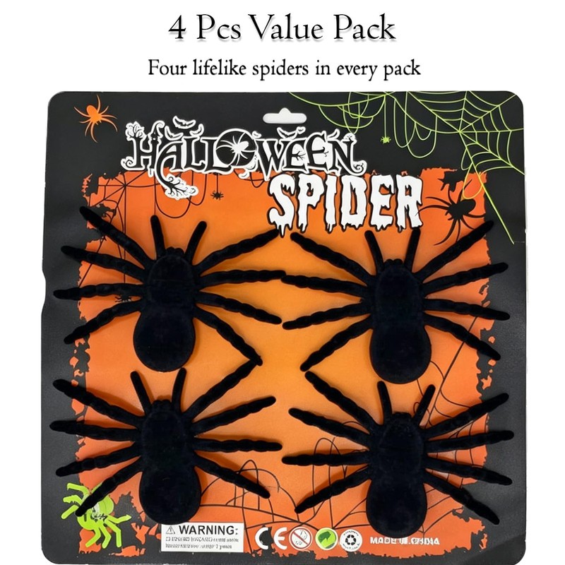BMBEAR 4 Pack Realistic Black Plastic Fake Spider, Safe Reusable