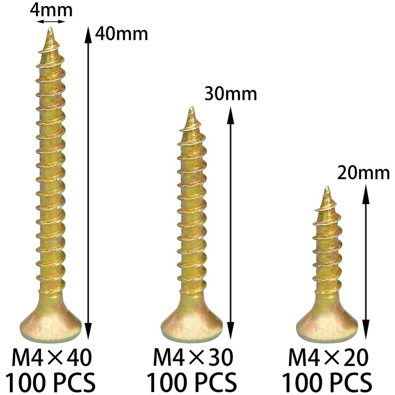 300 PCS M4 Wood Screws,Flat Head Self Tapping Screws