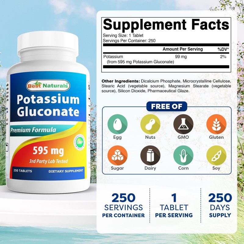 Best Naturals Potassium Gluconate Supplement 595 Mg Tablet, 250Count