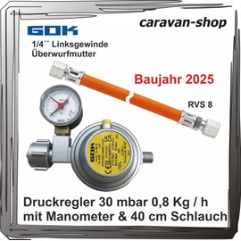 Caravan Regulator 30 mbar 0.8 kg/h with Pressure Gauge and Hose 40 cm for Caravan Motorhome Propane Gas PS 16 Bar