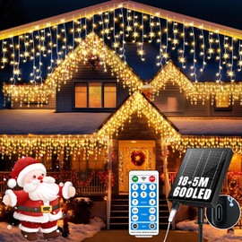 Solar Icicle Lights, 60+16Ft 600 LED Christmas Lights Outdoor Decorations 2400mAH Connectable Rechargeable Dimmable Remote 8 Modes Twinkle Fairy Lights for Xmas House Roof Holiday Wedding Party