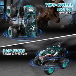 Ferngesteuertes Auto, 2,4GHz 20 km/h RC Monstertruck, 1:20 Ferngesteuerter Monster Truck mit Aufrecht Gehen, 360°Drehung, LED-Licht und Musi, Dinosaurier Spielzeug ab 3 4 5 6 8 10 Jahre Jungen Mädchen