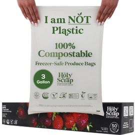 HOLY SCRAP! 100% Compostable Produce Freezer Bags 3 Gallon Size - 50 Pack - Freezer Safe Bag for Food Storage, Eco Friendly, Plant Based Recyling Kitchen Storage Bags - BPI Certified, OK Compost Home