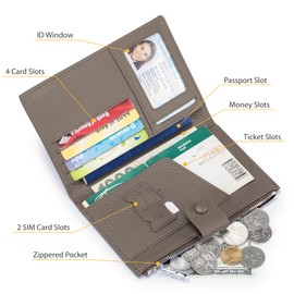 Leather Passport Wallet for Women, Slim RFID Blocking Passport Holder, Compact Travel Wallet with Zippered Coins Pocket and SIM Slots, Ladies Passport Cover