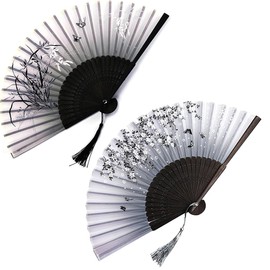 2 Pcs Chinese Fans,Portable Folding Hand Fan Silk Fabric Bamboo, Hand Fan Folding with Tassel Hollow Carved, for Birthday Gifts Dancing Cosplay Wedding Party Props Decoration (Pink, Black)