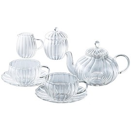 Yoshiya Glass Tea for Two Wave Tea Time Set, 16.9 fl oz (500 ml), YF-1008W, Pot: φ4.7 x H4.9 inches (120 x 125 mm), Cup: φ3.3 x H2.1 inches (83 x 53 mm), Saucer: φ5.3 x H20 mm), Milk: φ2.8 x H2.8 inches (6 x h70 inches (62 x H70 inches (62 x 70 x 10 mm)