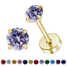 VDKIDKT Flat Back Birthstone Stud Earrings for Women Girls, 3mm Tiny CZ Flat Back Stud Earrings, Screw Back Tiny Earrings Studs, Cartilage/Tragus/Second Hole Earrings (Gold, 6.June-Alexandrite)