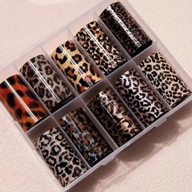 10 Pcs Leopard Print Nail Art Foils Transfer Stickers Animal Print Adhesive Decals Snake Cheetah Print Nail Foils Holographic Stickers Fall Nail Art Supplies for Women Autumn Nail Decorations