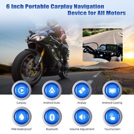 CAMECHO 6 Inch Wireless Motorcycle Carplay Android Car, IP68 Waterproof HD 1440 x 720 Touchscreen Screen Navigation Display for Motorcycles with Dual Bluetooth 5.0 + Airplay Android Cast