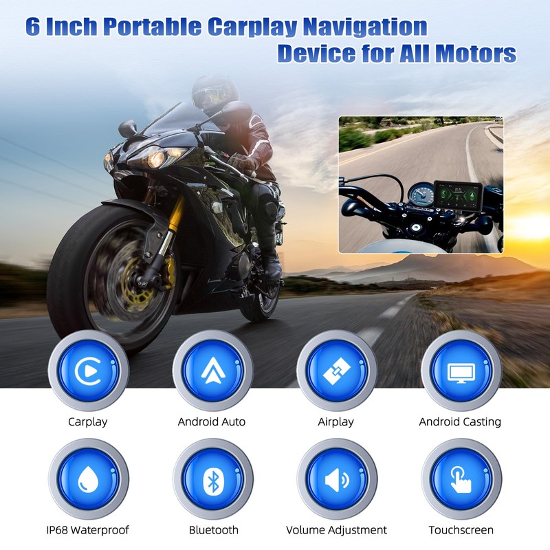 CAMECHO 6 Inch Wireless Motorcycle Carplay Android Car, IP68 Waterproof