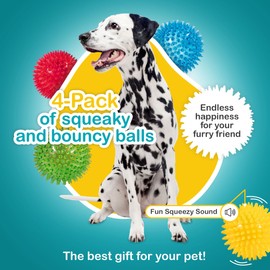 dipperdap 3.5” Spikey Dog Balls (4 Pack) Squeaky Dog Toys | Cleans Teeth for Healthier Gums | Non-Toxic BPA-Free for Aggressive Chewers | Spikey Balls in Red, Blue, Yellow, and Green