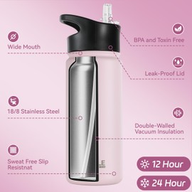 HASLE OUTFITTERS - Botella de agua aislada de 16 onzas, doble pared al aspiradora, de acero inoxidable, a prueba de fugas, para la escuela, boca ancha, con tapa de popote y tapa de boquilla, mantiene