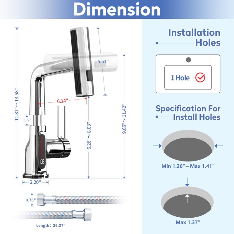 SINGSUO Bathroom Sink Faucet 1 Hole with Temperature Display, Single