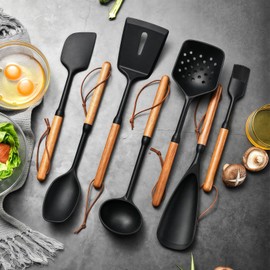 Premium Silicone Cooking Utensils Set - Non-Toxic, Heat-Resistant Kitchen Utensils Set with Food-Grade Silicone & Wood Handles - Includes Spatula & Spoon for Non-Stick Utensils, Black