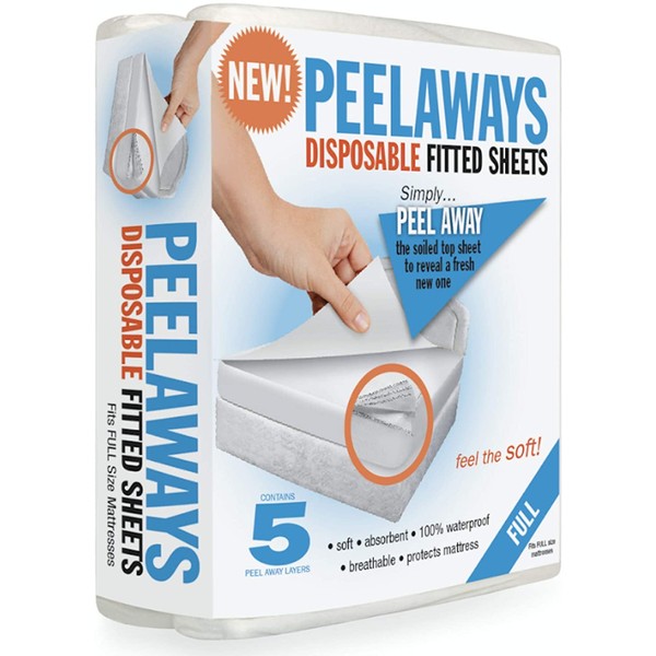 PEELAWAYS Disposable Fitted Bed Sheets Mattress Pad Protector – 100% Waterproof Designed Especially for Incontinence – Luxuriously Soft – Change in Under 60 Seconds (Full/Double - 5 Layer)