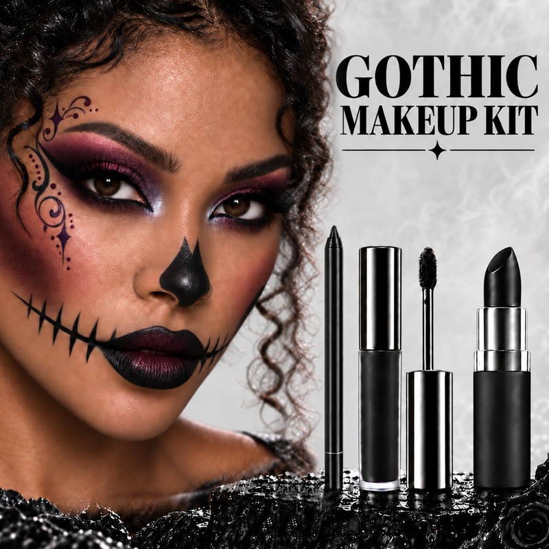 3PCS Black Lipstick Lipliner Lip Gloss Set for Halloween Makeup