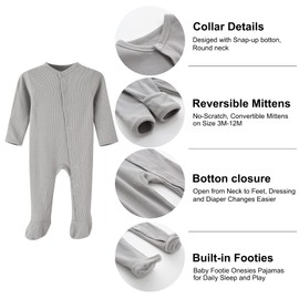 BINIDUCKLING Baby Sleepsuit Cotton Footed Pajamas with Mitten Cuffs, Snap-Up Soft Baby Sleepwear Onesies Grows 6-9 Months, Dark and Light Grey