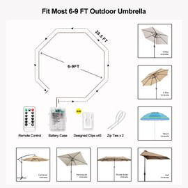 Patio Umbrella Lights Cordless LED Market Table Umbrella Lights with Remote Control Battery Operated Waterproof Parasol String Lights, Fits 6-9 Feet Diameter Outdoor Umbrella Décor (Cold White)