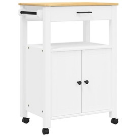 vidaXL Solid Pine Wood Rolling Kitchen Trolley - White/Honey Wax Finish with Drawer, Cabinet, Hooks, 23.6"x15.7"x35.4"