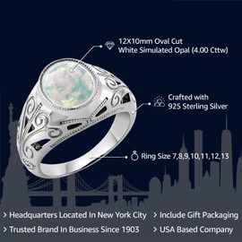 Gem Stone King Men's 4.00 Cttw White Simulated Opal Ring For Men | 925 Sterling Silver | Oval 12X10MM | Available 7,8,9,10,11,12,13 (Size 9)