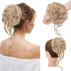 Messy Hair Bun Scrunchies Extension Curly Wavy Thick Synthetic Chignon for Women Updo Hairpiece Ponytail Hair Accessories Long 45g, Ash Blonde mix Bleach Blonde