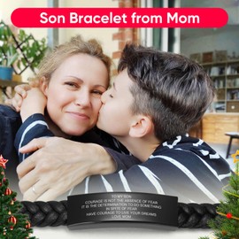 PJ JEWELLERY To My Son Gift from Mom Courage is not The Absence of Fear Leather Bracelets Birthday Graduation Anniversary Inspirational Gift for Men Boy，18th Birthday Gifts for Boys