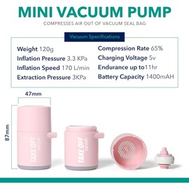 TAKE OFF Mini Vacuum Rechargeable Pump, Reduce Original Volume, Vacuum Seal Air Compression, Lightweight and Portable Travel Vacuum Pump, For Travel Space Saving and for Vacuum Seal Bags, Pink