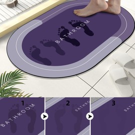 Diatomaceous Earth Bath mat Rubber Non Slip Shower mat Quick Dry Super Absorbent Bathtub mat Bath Stone Mat - Thin Bath Mats for Bathroom Floor, Tub and Fit Under Door,15.7" x 31.4" Oval, Purple