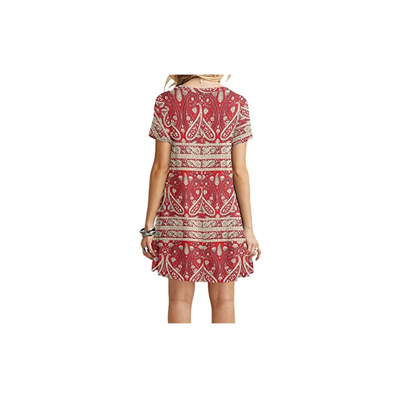 MOLERANI Women's Casual Plain Simple T-Shirt Loose Dress(Boho Floral Red,XS)