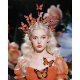 Zinniday Renaissance Fairy Butterfly Headbands - Orange Monarch Butterfly Derby Fascinator Tea Party Hat for Women Lady Girls, Elf Headpiece for Masquerade Party Costume Headwear