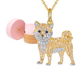 SCAMPER & CO Shiba Inu Cubic Zirconia Puppy Charm Pendant Necklaces for Women - Genuine Gemstone with Elegant Backplate, 18K Yellow Plated Sterling Silver Necklace for Women Easy Closure 18 inch
