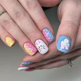 24Pcs Easter Press on Nails Short Square Fake Nails Easter Bunny Acrylic Nails Pink Blue Yellow Gradient Cute Rabbit Designs Glue on Nails Full Cover Artificial False Nails for Women Girls