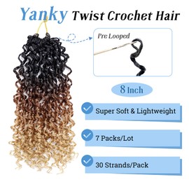 Yanky Twist Crochet Hair with Curly Ends 8 Inch Brown Blonde Pre Looped Spring Twist & Mini Twist 7 Packs Synthetic for Women Passion Twist Hair Extension, T1B/30/27