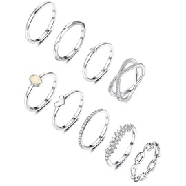 MILACOLATO 9PCS Silver Rings for Women Girls 14K Gold Plated Stackable Knuckle Rings Set CZ Heart Stacking Band Ring Simple Dainty Wedding Ring Comfort Fit Size R 1/2