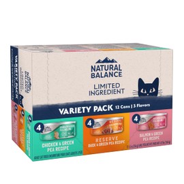 Natural Balance Limited Ingredient Cat Food Variety Pack - Chicken, Salmon and Duck with Green Pea Recipes, Soft Pate Wet Digestion Cat Food for Sensitive Stomach, 5.5 oz., Case of 12
