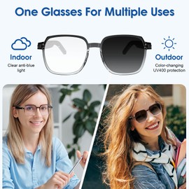 Bluetooth Smart Glasses, Photochromic Sunglasses Lenses & Blue Light Blocking-Wireless Eyewear for Calls, Music Voice Assistant-Lightweight Frame for Work Indoor, Outdoor