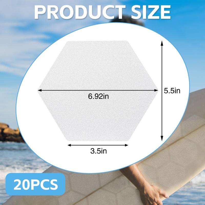 TRINKA 20PCS Surfboard Traction Pads, Waxless Hexagon Surfboard Clear Deck