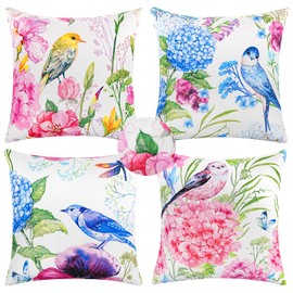 Merrycolor Outdoor Waterproof Throw Pillow Covers 18x18 Inch Set of 4 Summer Flowers Accent Farmhouse Décor Hydrangeas Butterflies Birds Decorative Pillow Covers for Couch paito Garden Sofa Blue-Pink